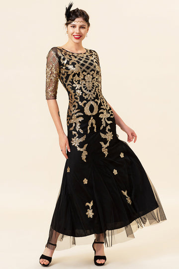Golden Paljetter Glitter Flapper Kjole med 1920-tallet Tilbehør Set